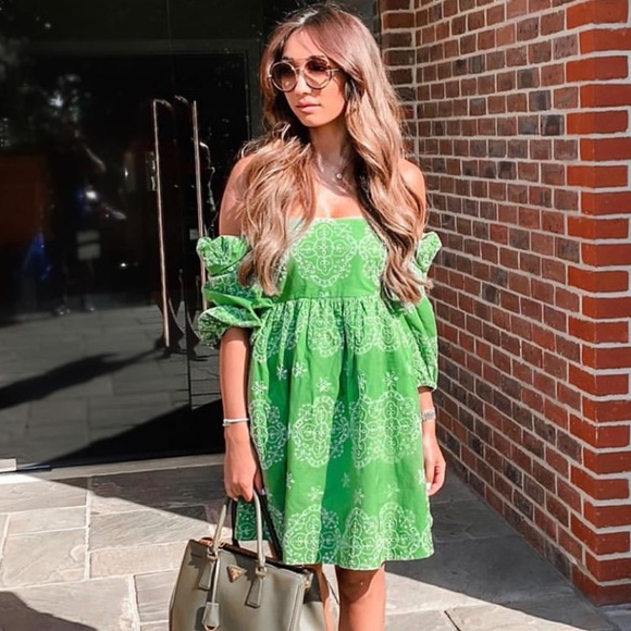 Zara Green Floral Embroidered Cutout Bardot Dress - Picture 3 of 6